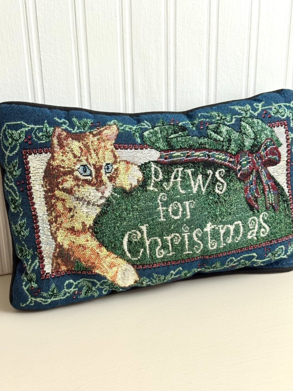 Vtg Paws for Christmas Orange Cat Tapestry Throw Pillow Plaid Holiday Festive